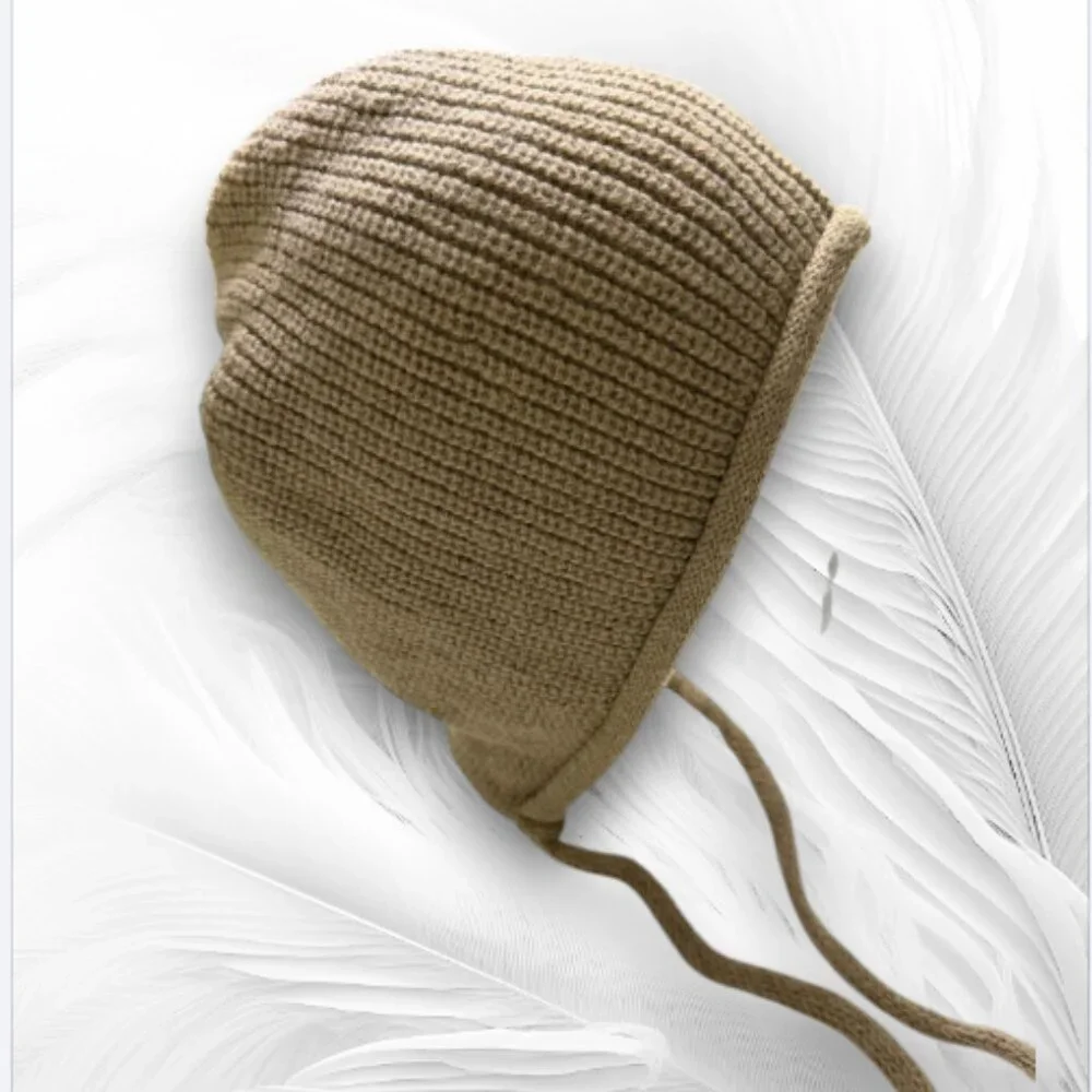 New Beige Knit Winter Bonnet Hat With Ties